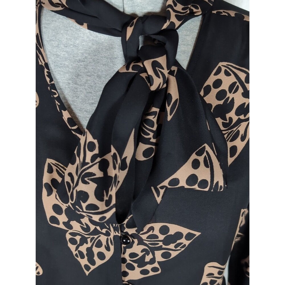 Milly New York Silk Bow Blouse Black Tan Scarf Tie Neck Long Sleeve Designer 4 - Picture 2 of 9